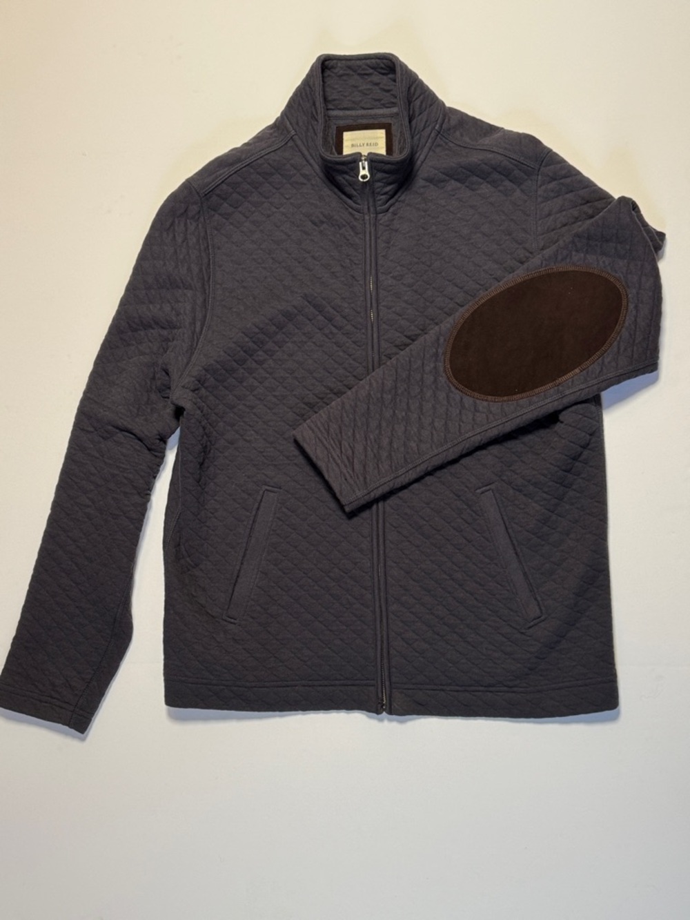BILLY REID Men's Diamond Quilt Full Zip Navy Blue Brown Suede Elbow Patches M